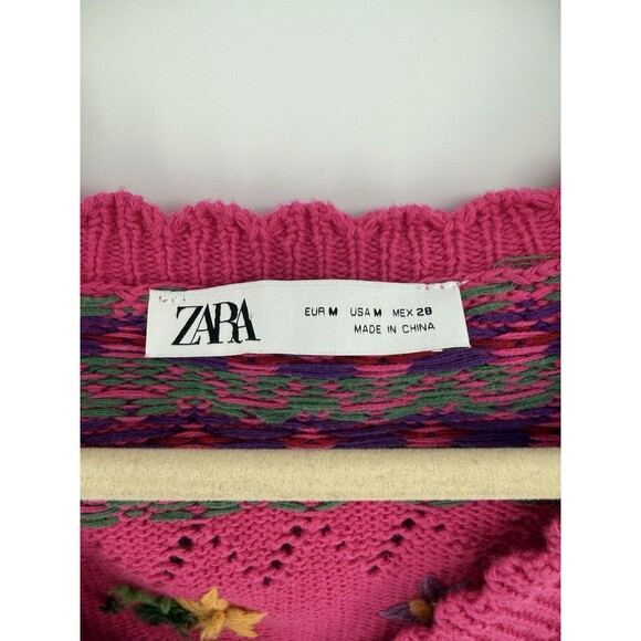 ZARA Womens Crop Cardigan Sweater Medium Pink Floral Cotton Cottagecore Repair - Picture 6 of 14